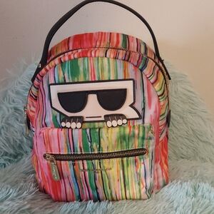 Karl Lagerfeld Colorful Striped Backpack with Sunglasses Design.